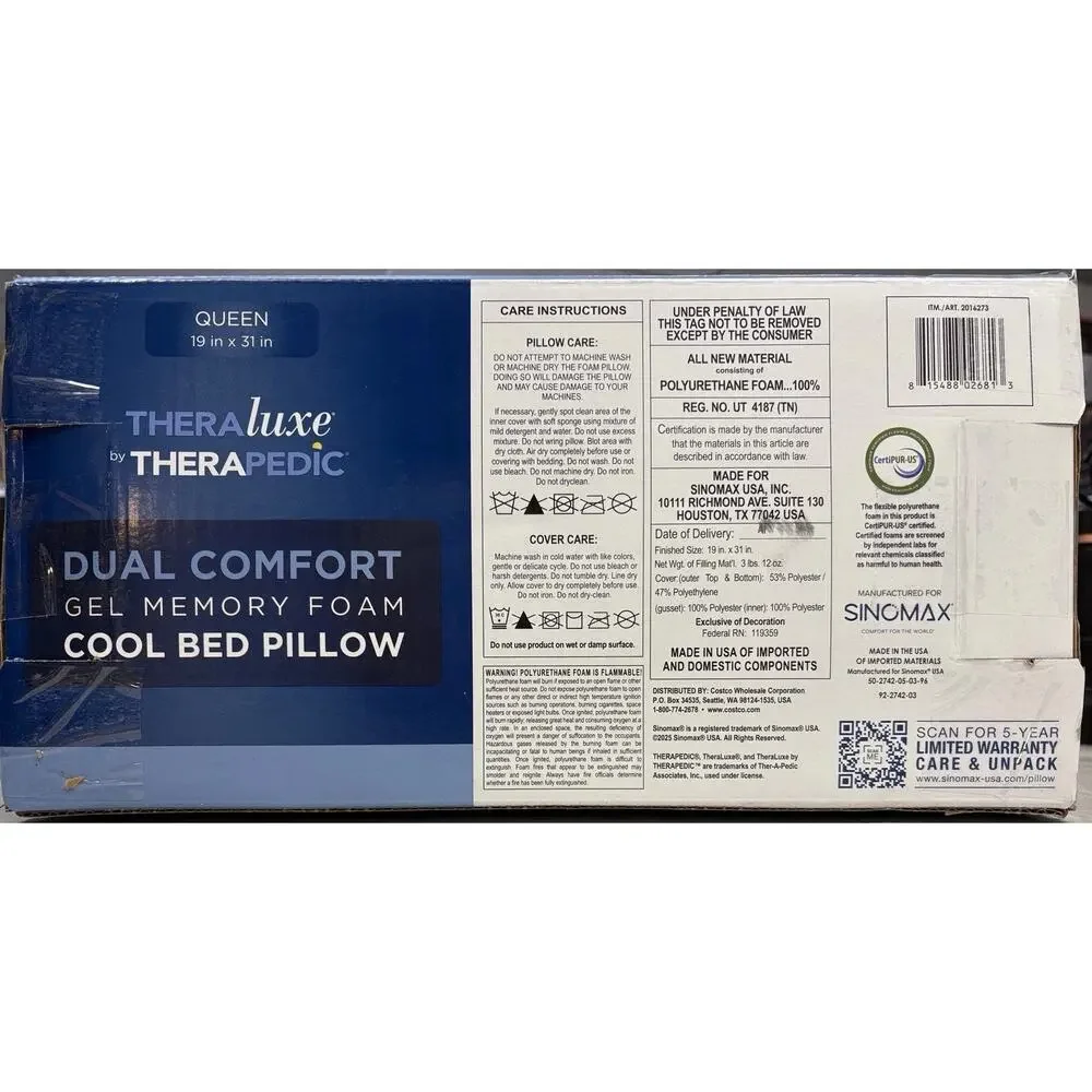 Therapedic TheraLuxe Queen Gel Memory Foam Cooling Pillow Dual Comfort Firm